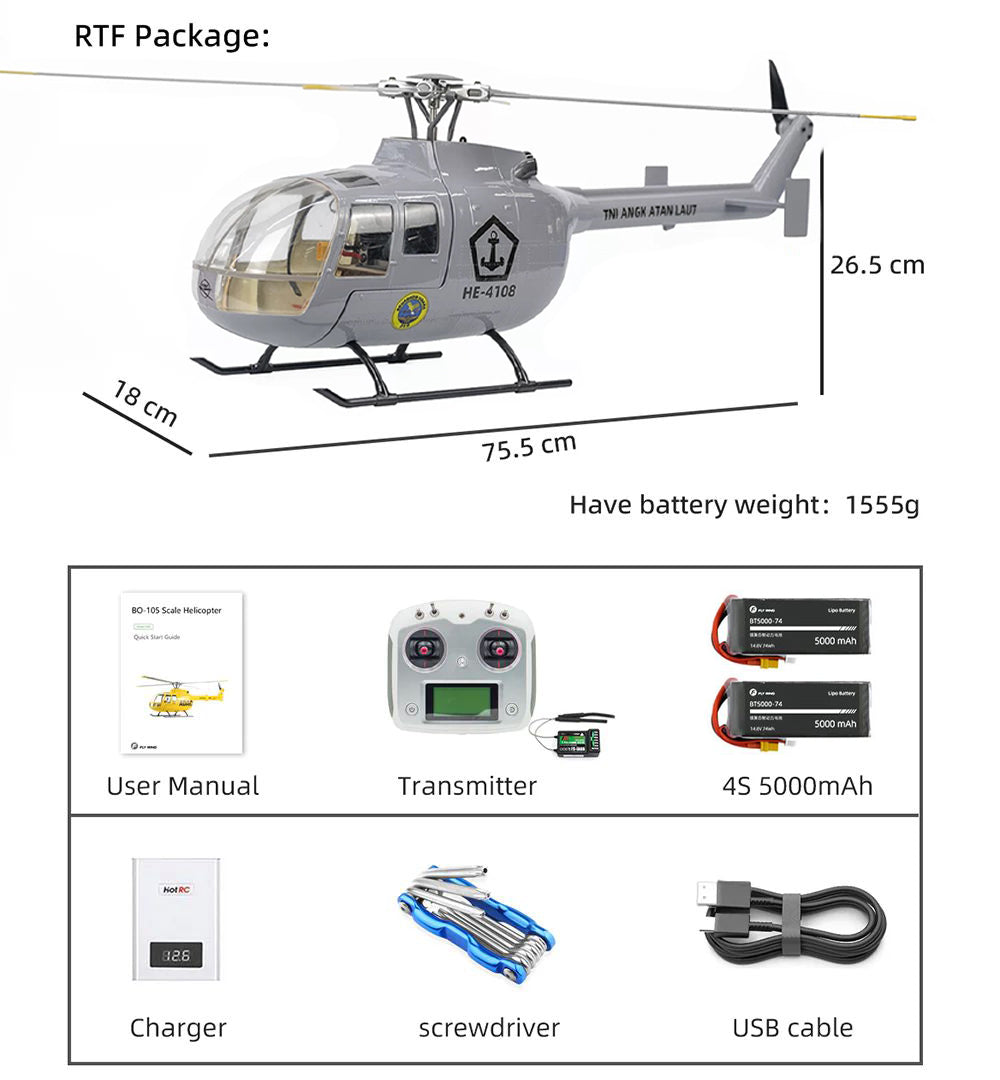 FLYWING BO-105 Universal RC Helicopter 450L Class 6CH Brushless GPS Stabilized Altitude Hold RC Helicopter H1 Flight Controller