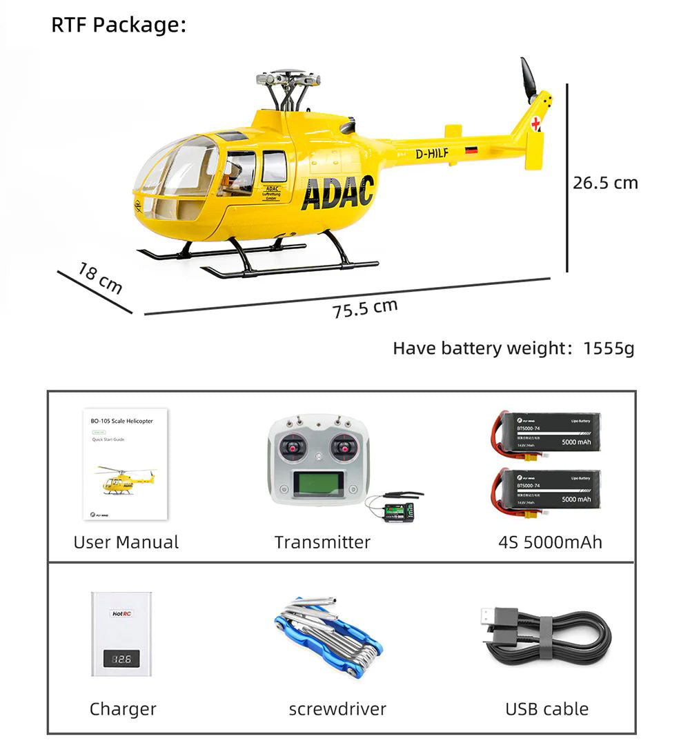 FLYWING BO-105 Universal RC Helicopter 450L Class 6CH Brushless GPS Stabilized Altitude Hold RC Helicopter H1 Flight Controller