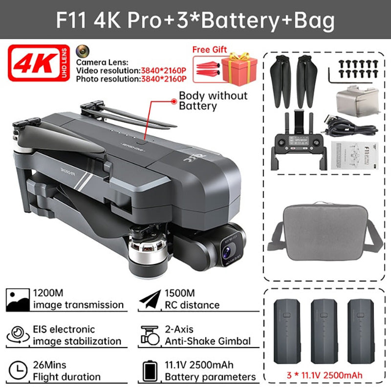 Drone F11 / F11S 4K Pro avec caméra 3KM, WIFI, GPS, EIS, 2 axes