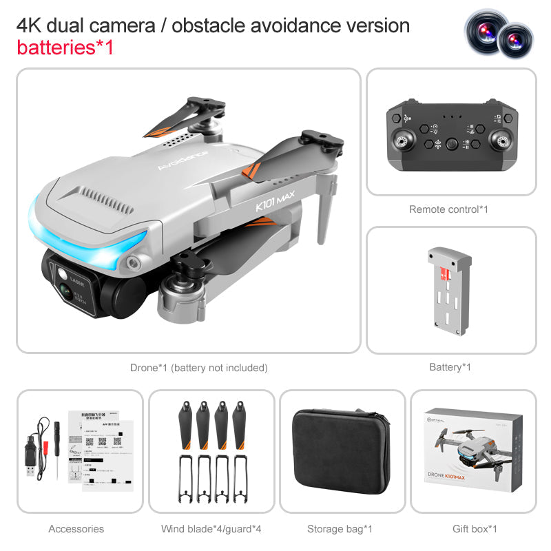 RC Drone K101MAX 4K HD Dual Camera Optical Flow Positioning ESC 3-Way Obstacle Avoidance Folding RC Quadcopter